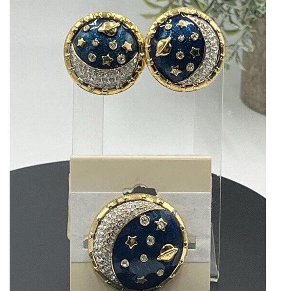 Swarovski Swan Blue Enamel Pave Crystal Star Moon Saturn Brooch & Clip Earrings